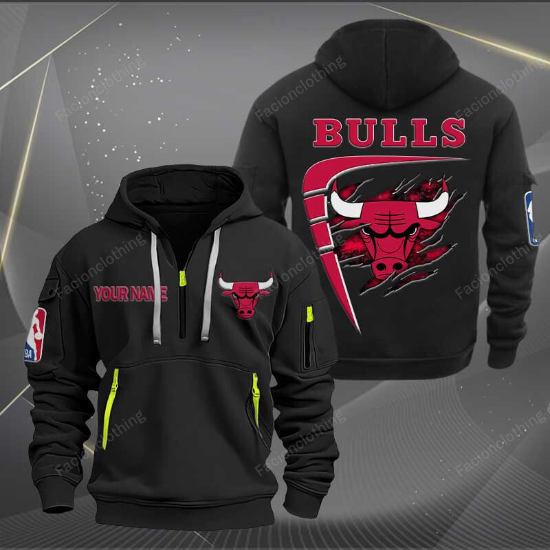 LIMITED EDITION - NEW CUSTOMIZED NBA19 CB CHICAGO BULLS QUARTER ZIP HOODIE