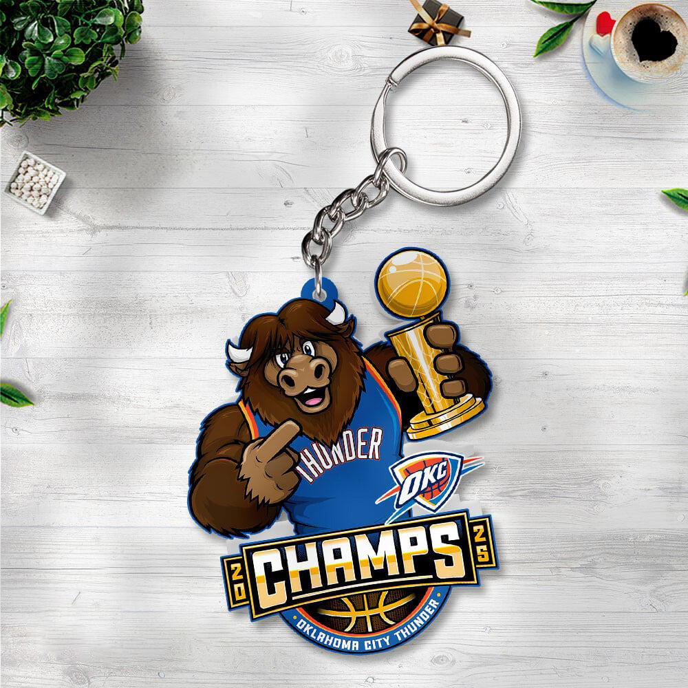 Oklahoma City Thunder 2025 Championship Keychain - Mascot Holding Trophy