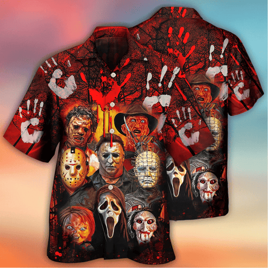 HORROR MOVIE VILLAINS HAWAIIAN SHIRT BLOODY HANDPRINT HALLOWEEN GIFT FOR FANS