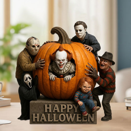HAPPY HALLOWEEN HORROR MOVIE CHARACTERS ACRYLIC BOLCK PLAQUE - PUMPKIN GIFT FOR FANS