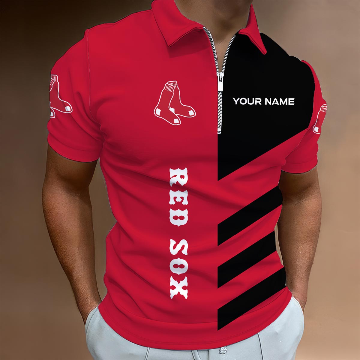 LIMITED EDITION - NEW CUSTOMIZED MLB03 BRS BOSTON RED SOX ZIP POLO SHIRT