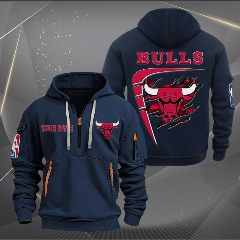 LIMITED EDITION - NEW CUSTOMIZED NBA19 CB CHICAGO BULLS QUARTER ZIP HOODIE