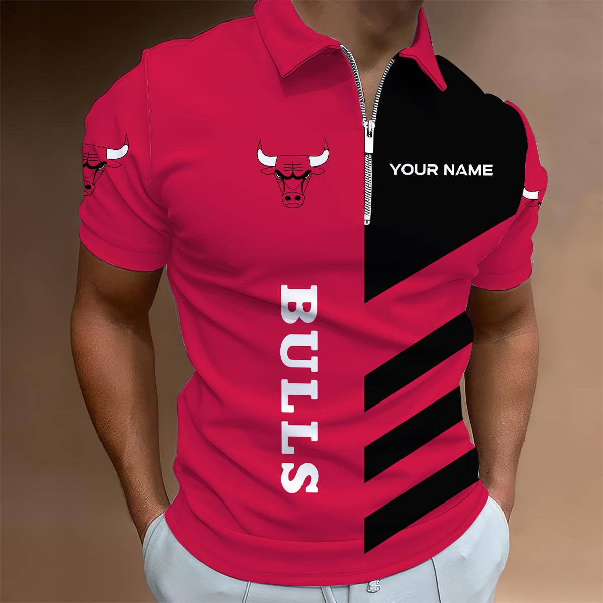 LIMITED EDITION - NEW CUSTOMIZED NBA19 CB CHICAGO BULLS ZIP POLO SHIRT