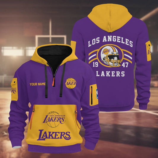 LIMITED EDITION - NEW CUSTOMIZED NBA09 LL LOS ANGELES LAKERS QUARTER ZIP HOODIE