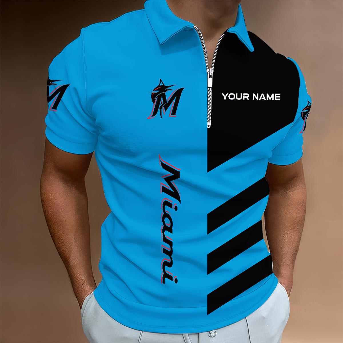 LIMITED EDITION - NEW CUSTOMIZED MLB20 MMS MIAMI MARLINS ZIP POLO SHIRT