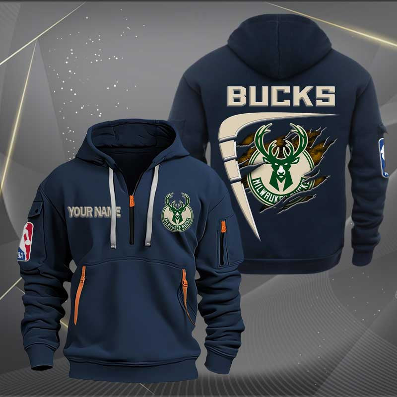 LIMITED EDITION - NEW CUSTOMIZED NBA11 MB MILWAUKEE BUCKS QUARTER ZIP HOODIE