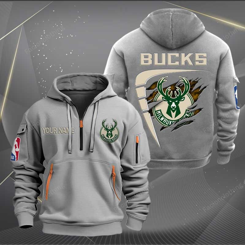 LIMITED EDITION - NEW CUSTOMIZED NBA11 MB MILWAUKEE BUCKS QUARTER ZIP HOODIE
