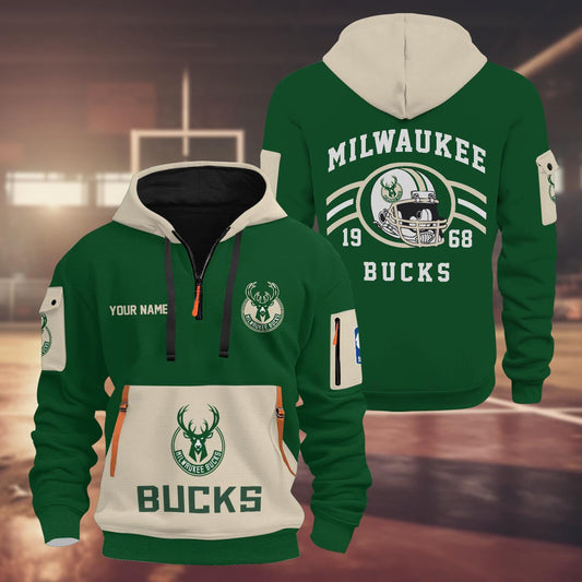 LIMITED EDITION - NEW CUSTOMIZED NBA11 MB MILWAUKEE BUCKS QUARTER ZIP HOODIE