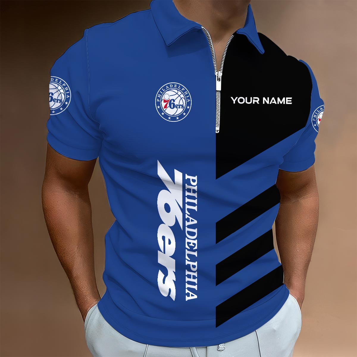 LIMITED EDITION - NEW CUSTOMIZED NBA26 P76 PHILADELPHIA 76ERS ZIP POLO SHIRT