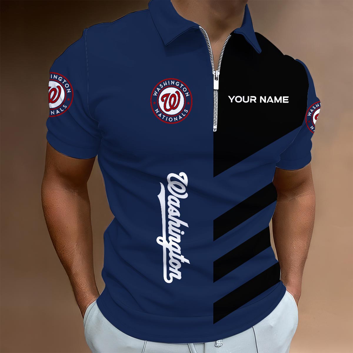 LIMITED EDITION - NEW CUSTOMIZED MLB28 WNS WASHINGTON NATIONALS ZIP POLO SHIRT